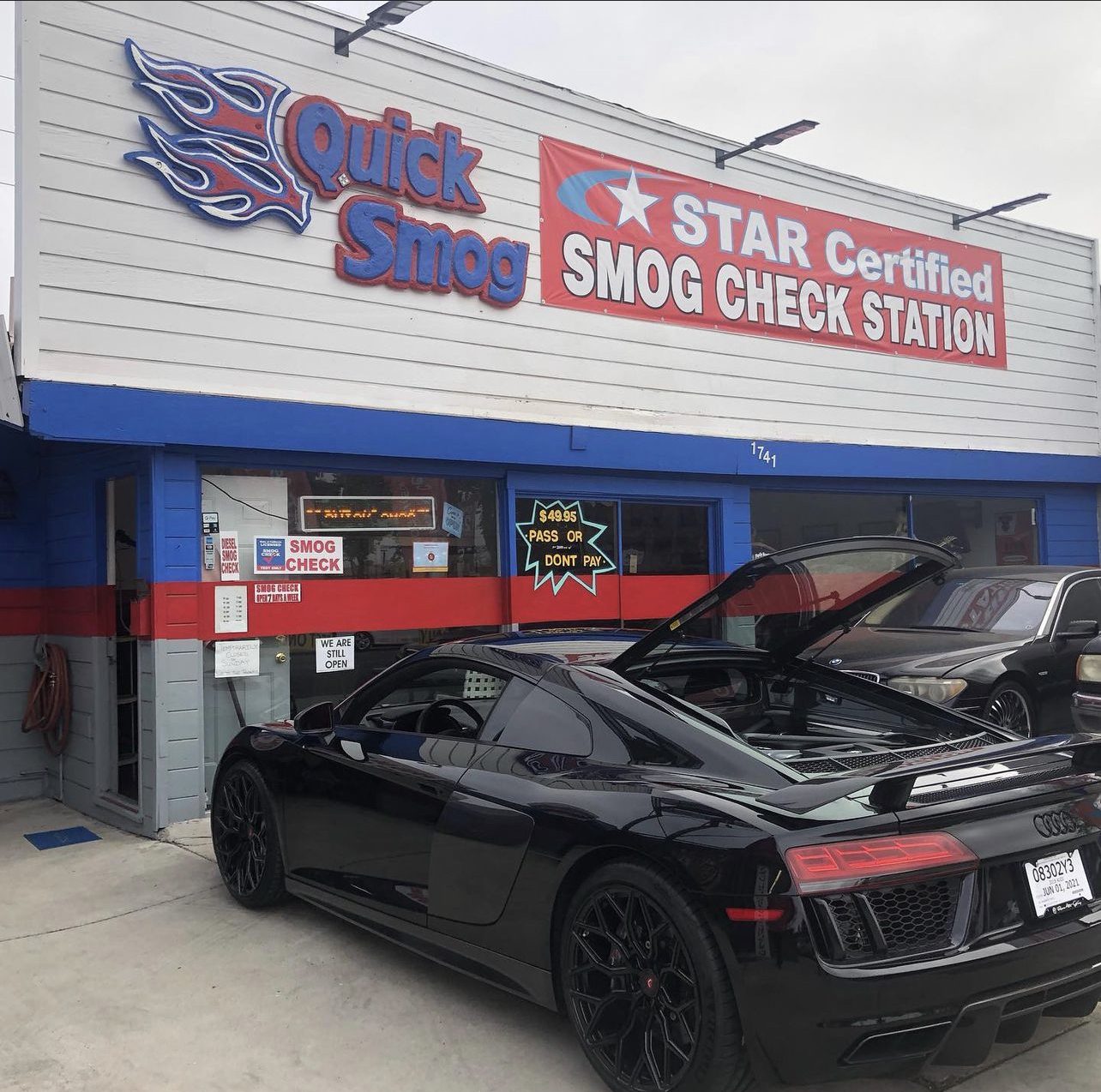 STAR Certified Smog Check Station sign over the bay on Garnet Ave